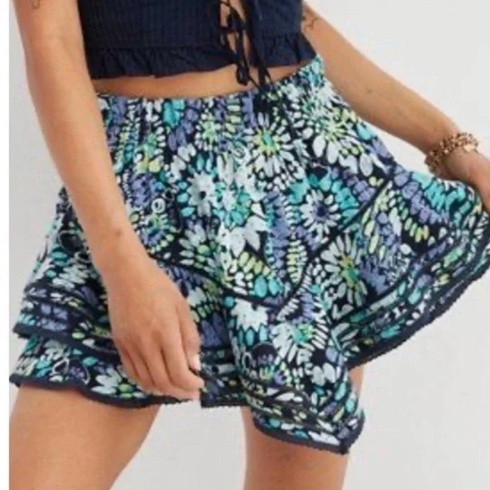 Aerie Navy and Teal Floral Skirt